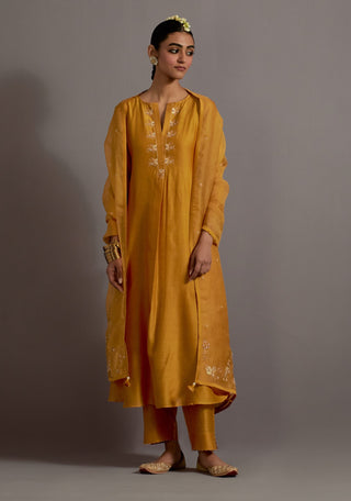 Mustard yellow embroidered back pleated kurta set