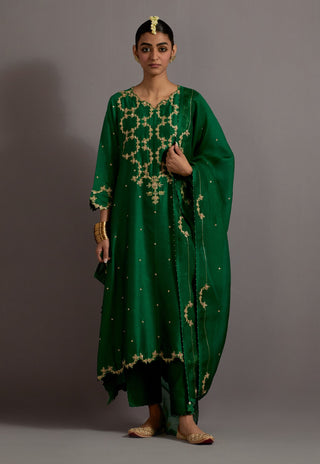 Green embroidered a-line kurta set