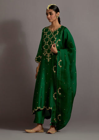 Green embroidered a-line kurta set