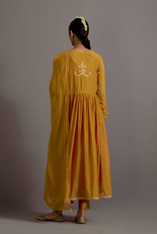 Mustard yellow embroidered gather anarkali set