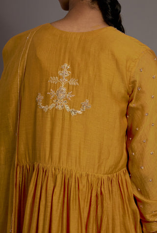 Mustard yellow embroidered gather anarkali set