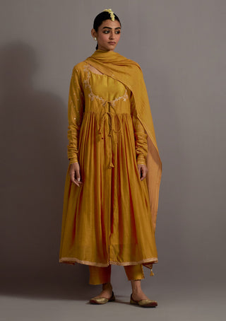 Mustard yellow embroidered gather anarkali set