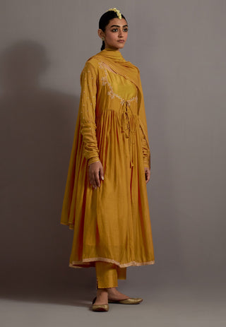 Mustard yellow embroidered gather anarkali set