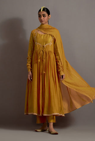 Mustard yellow embroidered gather anarkali set