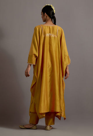 Mustard yellow hand embroidered kaftan with pants