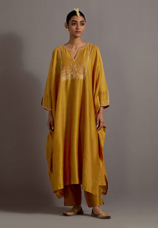 Mustard yellow hand embroidered kaftan with pants