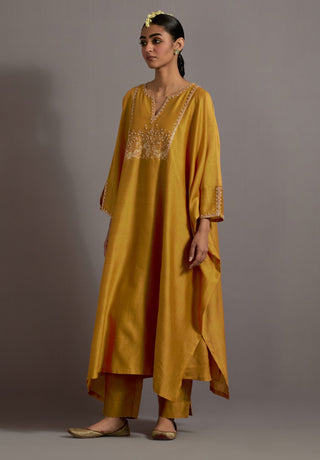 Mustard yellow hand embroidered kaftan with pants