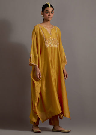 Mustard yellow hand embroidered kaftan with pants