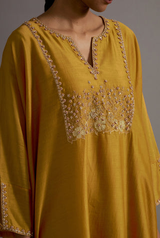 Mustard yellow hand embroidered kaftan with pants