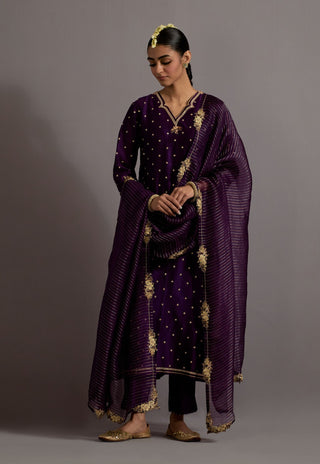 Aubergine zardosi boota embroidered straight kurta set