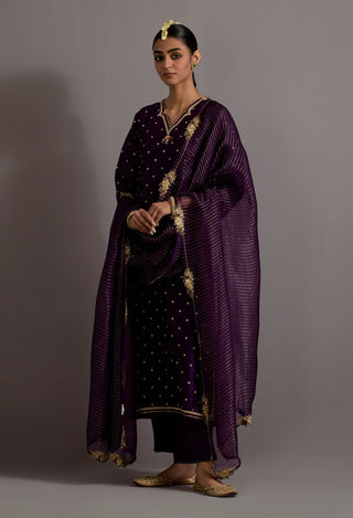 Aubergine zardosi boota embroidered straight kurta set