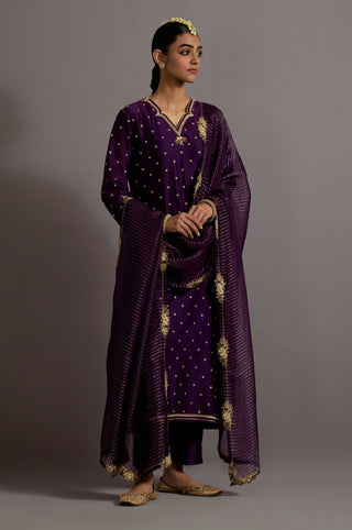 Aubergine zardosi boota embroidered straight kurta set