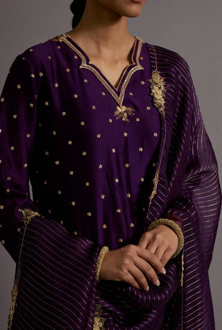 Aubergine zardosi boota embroidered straight kurta set