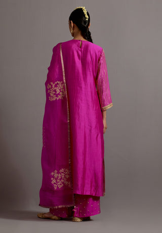 Fuchsia pink stripes embroidered straight kurta set