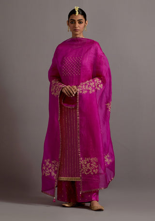 Fuchsia pink stripes embroidered straight kurta set