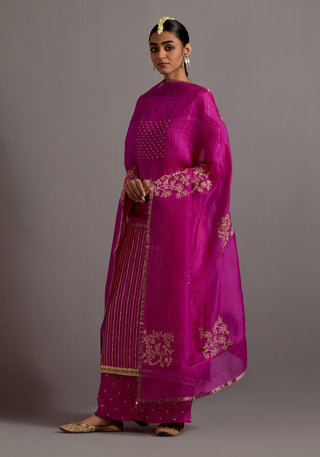 Fuchsia pink stripes embroidered straight kurta set