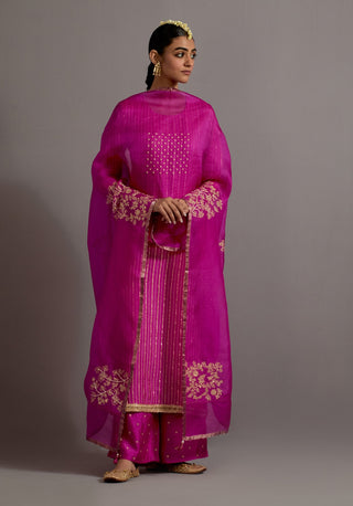 Fuchsia pink stripes embroidered straight kurta set