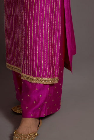 Fuchsia pink stripes embroidered straight kurta set