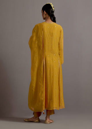 Mustard yellow embroidered kalli angrakha set