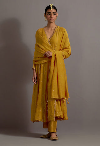 Mustard yellow embroidered kalli angrakha set