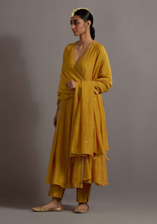 Mustard yellow embroidered kalli angrakha set