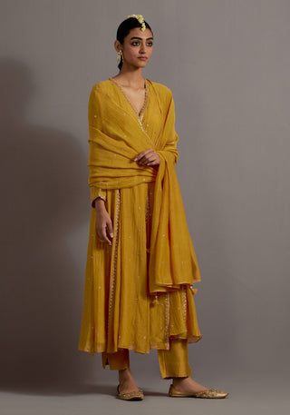 Mustard yellow embroidered kalli angrakha set