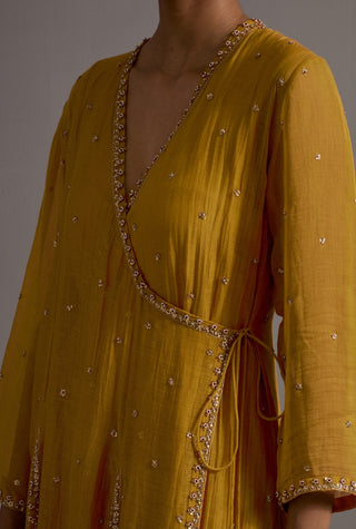 Mustard yellow embroidered kalli angrakha set