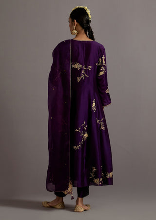 Aubergine zardosi boota embroidered straight kurta set