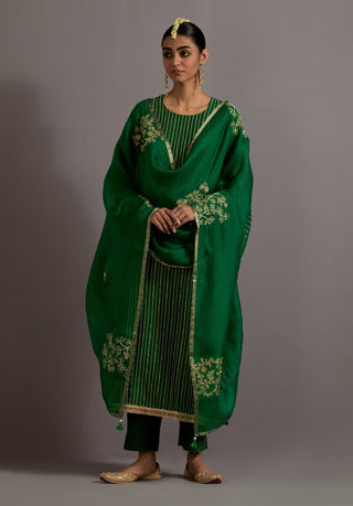 Green stripes embroidered straight kurta set