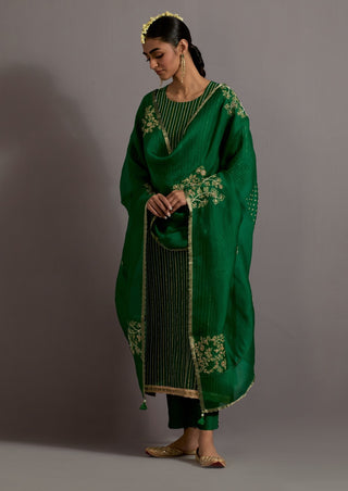 Green stripes embroidered straight kurta set