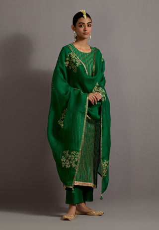 Green stripes embroidered straight kurta set