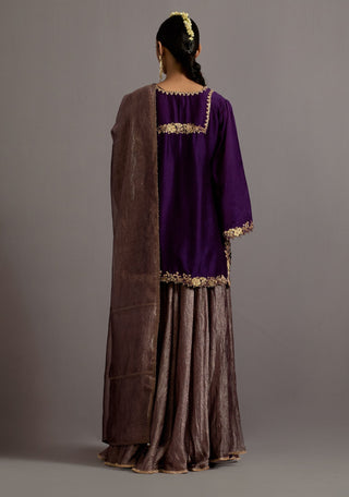 Purple jaal embroidered short kurta sharara set