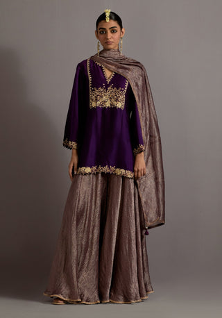 Purple jaal embroidered short kurta sharara set