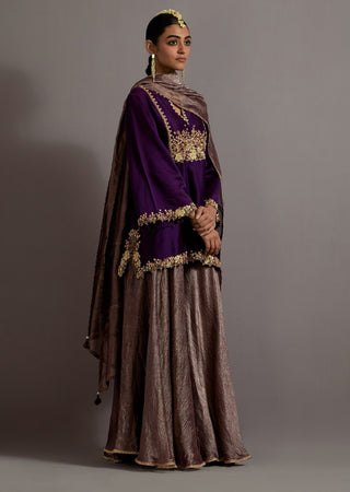 Purple jaal embroidered short kurta sharara set