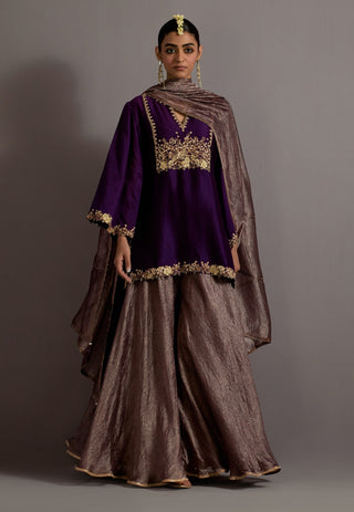 Purple jaal embroidered short kurta sharara set