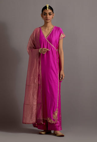 Fuchsia pink guccha embroidered straight angrakha set