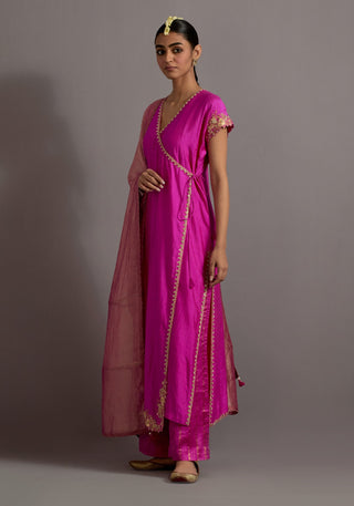 Fuchsia pink guccha embroidered straight angrakha set