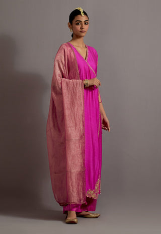 Fuchsia pink guccha embroidered straight angrakha set