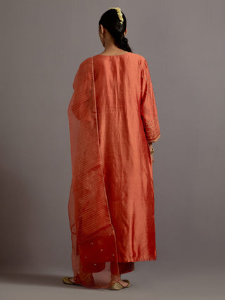 Orange stripes embroidered straight kurta set