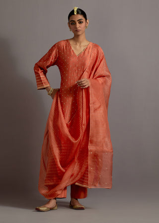 Orange stripes embroidered straight kurta set