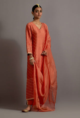 Orange stripes embroidered straight kurta set