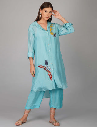 Turquoise sequin flower kurta set