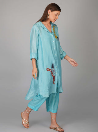 Turquoise sequin flower kurta set