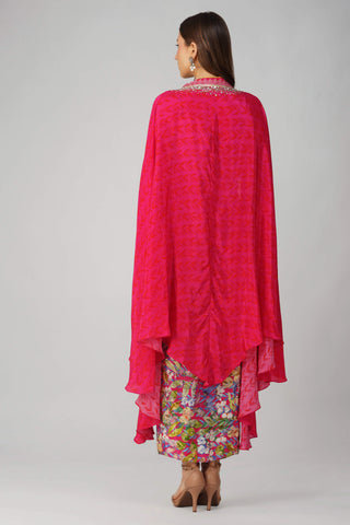 Rani pink printed drape skirt and cape set