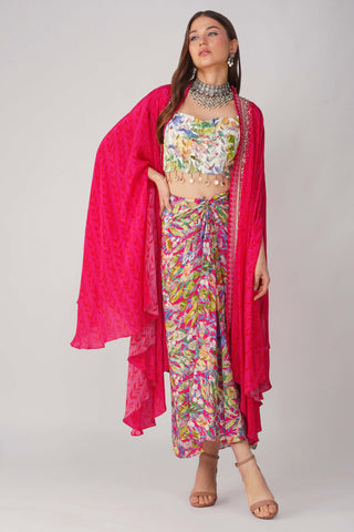 Rani pink printed drape skirt and cape set