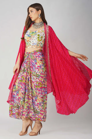 Rani pink printed drape skirt and cape set