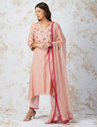 Pink beaded flower asymmetric kurta set