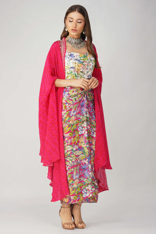 Rani pink printed drape skirt and cape set