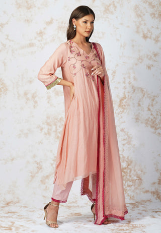 Pink beaded flower asymmetric kurta set