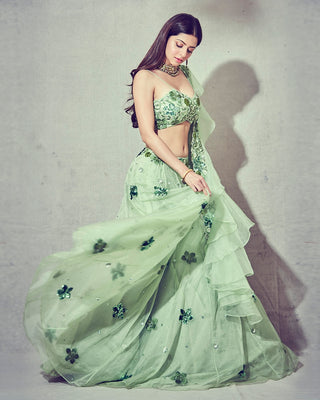 Green floral embroidered lehenga set